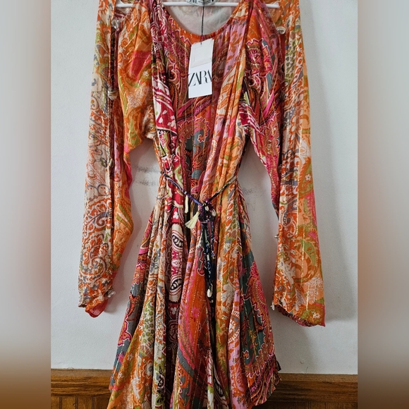 NWT Zara Short Printed Dress Belted Multicolored Orange Size XL 7521/049 - Picture 8 of 15